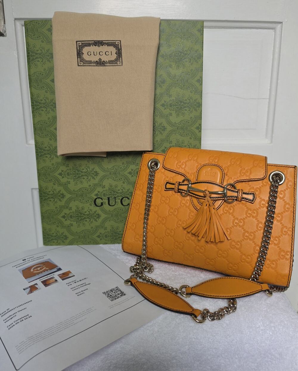 Gucci Orange Microguccissima Embossed Shoulder Bag Chain Strap Emily w/COA